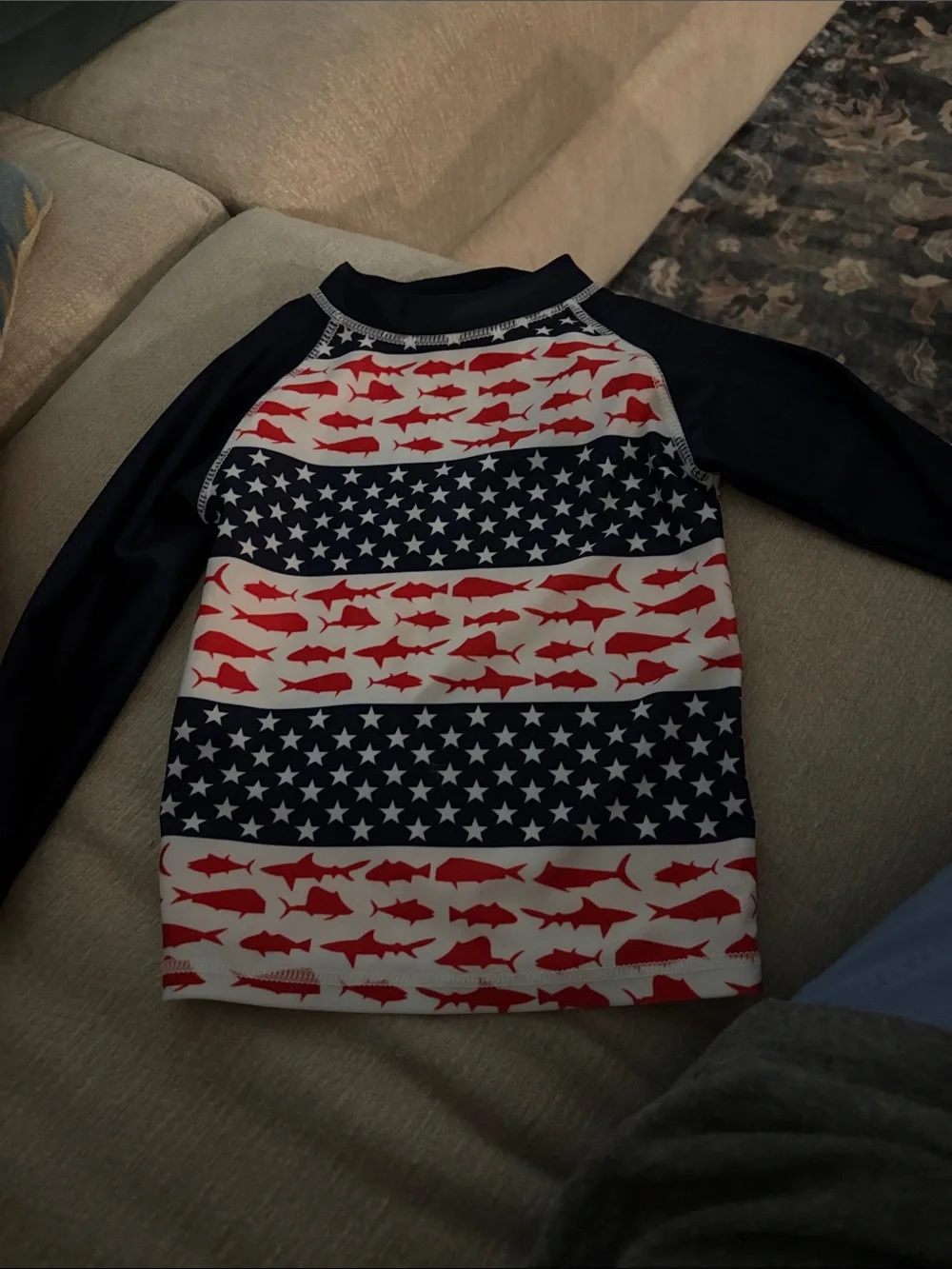 Kids Navy & Red Shark Stripe Long-Sleeve Rash Guard. Fits like a 3/4T
